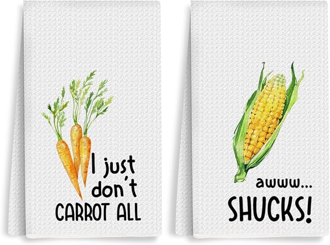 2Pcs Funny Kitchen Towels, Carrot Corn Vegetable Decor, Hostess Gifts, Dish Towel, Housewarming Gift for Her Women, Wedding Shower Gift, Waffle Weave Hand Towels