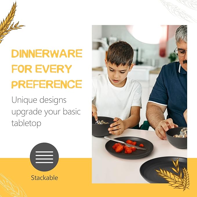 Teivio 32-Piece Kitchen Plastic Wheat Straw Dinnerware Set, Service for 8, Unbreakable Modern Dish Set - Dinner Plate/Dessert Plate/Cereal Bowl/Cup, for Apartment Essentials, Outdoor Camping, Black