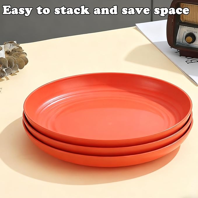 Wheat Straw Plates, Unbreakable Dinner Plates Set of 4, Plastic Plates Reusable, Dishwasher & Microwave Safe, Lightweight Salad Plates for Camping/Kitchen (Orange)