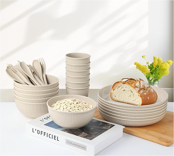 36-Piece Reusable Wheat Straw Dinnerware Sets for 6, Farielyn-X Unbreakable Reusable Set Kitchen Cups, Plates, Bowls Sets & Cultery Dishwasher Microwave Safe - Patio, Outdoors, RV, Camping Dishes