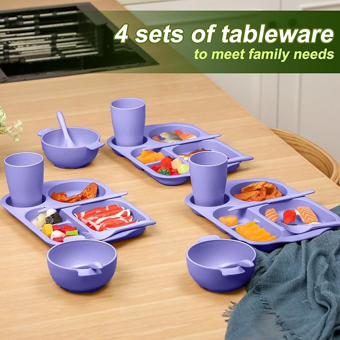 24 Pcs Wheat Straw Dinnerware Cutlery Set for Aldult Including Divided Plates Microwave Dishwasher Safe Bowl Unbreakable Tableware Straw Cutlery Spoon Knife Fork(Light Purple)