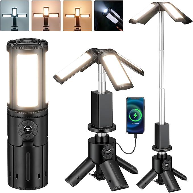 Telescopic Camping Light, 12000mAh Rechargeable Camping Lights Portable with Stand Collapsible Outdoor Camping Lanterns 7200/5000/3600K Dimmable IPX5 Waterproof for Camping Hiking Emergency