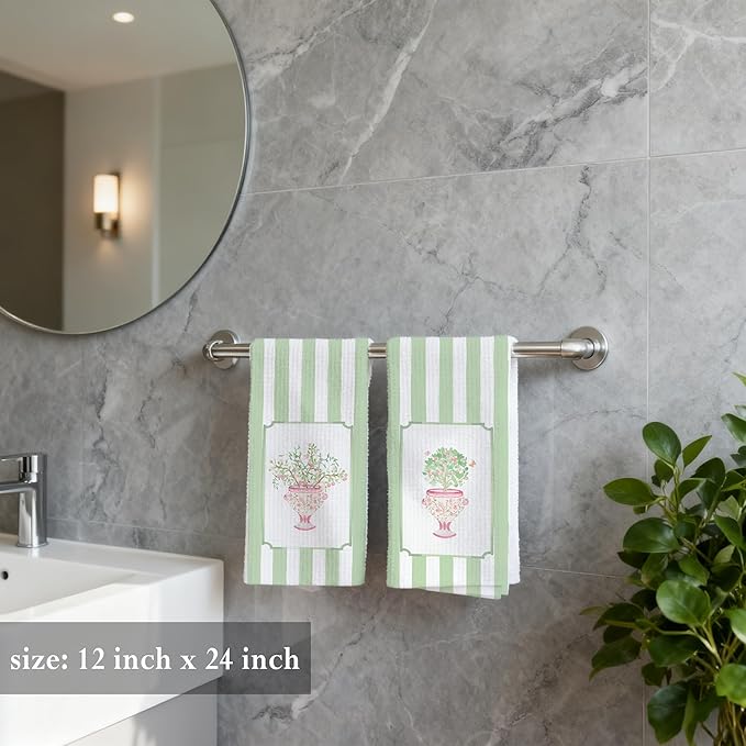Pink Peach Hand Towels for Kitchen Bathroom 16x24 Set of 2，Chinoiserie Peach Tree Decorative Dish Tea Towels for Kitchen, Green Stripes Porcelain Tree Hand Towel for Bathroom