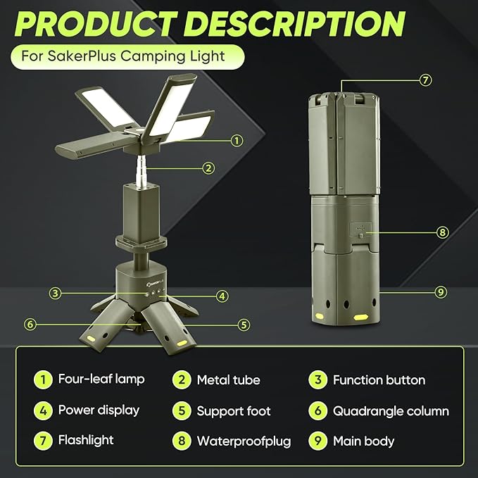 SakerPlus Portable Camping Light, 14000mAh Telescopic Camping Lantern with Rechargeable Power Supply, Dimmable Magnetic Tent Lamps 6000 Lumen Outdoor Work Lights for Hiking,Camping,Home Emergency