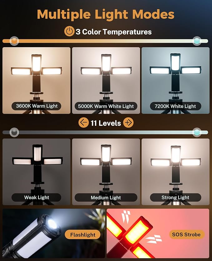 Telescopic Camping Light, 12000mAh Rechargeable Camping Lights Portable with Stand Collapsible Outdoor Camping Lanterns 7200/5000/3600K Dimmable IPX5 Waterproof for Camping Hiking Emergency