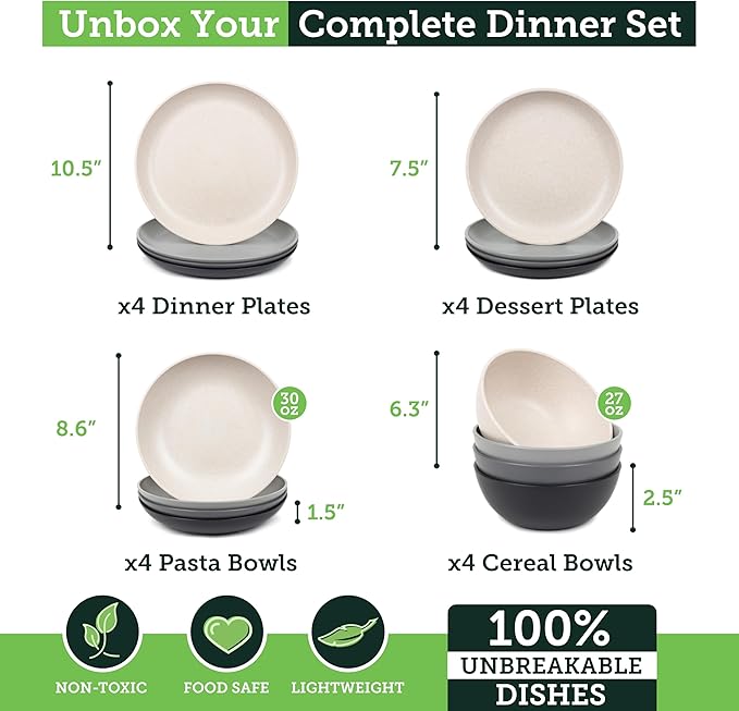 Grow Forward 16-piece Premium Wheat Straw Dinnerware Sets for 4 - Unbreakable Dishwasher & Microwave Safe Plastic Plates and Bowls Sets - Patio, Outdoors, RV, Camping Dishes - Moonlight