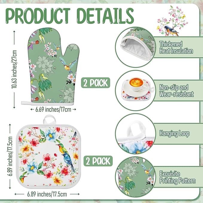 Hahafelt 8 Pcs Birds Kitchen Gift Dish Towel Pot Holder Oven Mitt Set 4 Tent Car Tea Towels with Funny Sayings Novelty 2 Oven Mitts 2 Pot Holders Coffee Accessories Decor for Rv