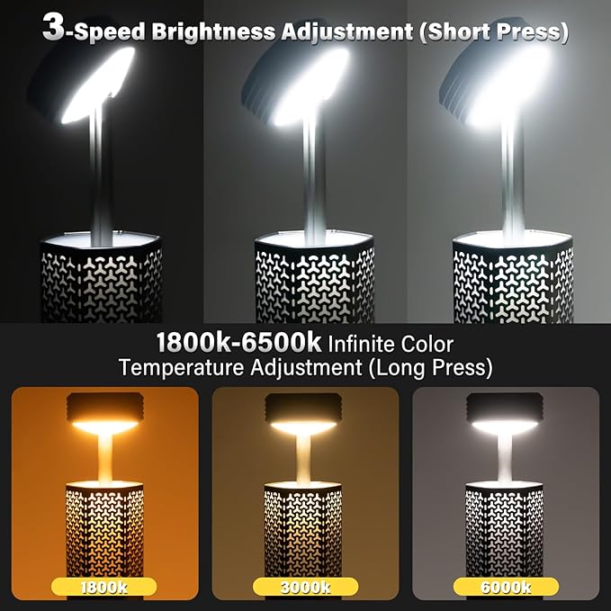 Telescopic Portable Camping Light with Stand - 10500mAh Rechargeable Camping Light with Storage Bag, Dimmable Magnetic Tent Lamp,Waterproof Tripod Pole Work Lights for Outdoor Emergency, Hiking, Gray