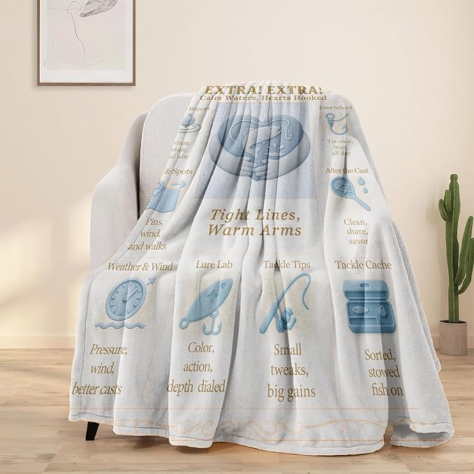 Fishing Throw Blanket 60x50 Flannel Fleece, Vintage Fishing Newspaper Style, Blue Ivory — Fish Throw Blanket for Dad Men Boys — Lake House & Cabin Decor Gift