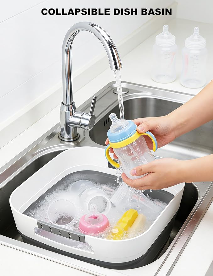 Collapsible Wash Basin Portable Foldable Sink Basin, BPA-Free Silicone Vegetable Fruit Washing Bowl, Space Saving Multi-Purpose Sink for Baby Bottle, Kitchen Camping Travel