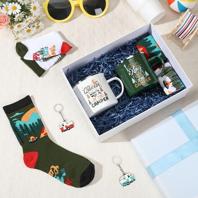 Patelai 6 Pcs Camping Gift Set RV Gifts for Couple Includes 17 oz Stainless Steel Wine Tumblers Unisex Crew Socks Keychains Outdoor Gifts for Women Men Picnics Hiking RV(Stylish)