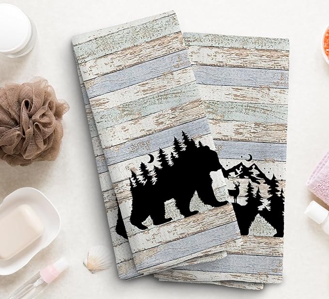 Wild Animal Kitchen Towels, Camping Gifts, Bear Dish Towel, Rustic Forest Bathroom Decor, Art Prints, Gifts for Friends Women Men, Set of 2, 16x24