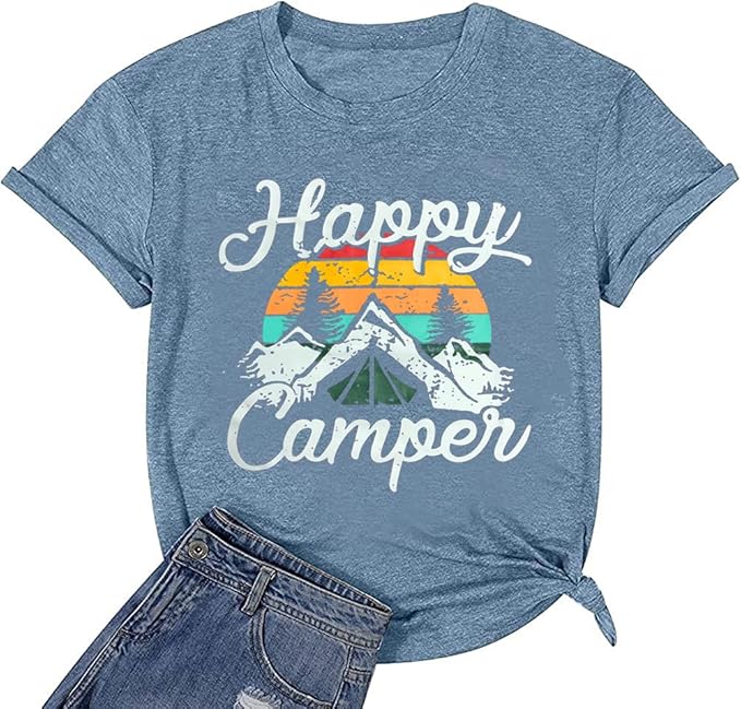 Happy Camp T-Shirt Women Hiking Mountain Adventure Novelty Workout Funny Saying Cute Graphic Athletic Shirt