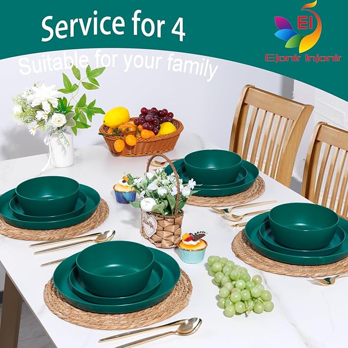 EI 12pcs Dark Green Wheat Straw Plates,Plate and Bowls Sets,Wheat Straw Dinnerware Set,Unbreakabl Plastic Plates Reusable,eMelamine Dinnerware Sets
