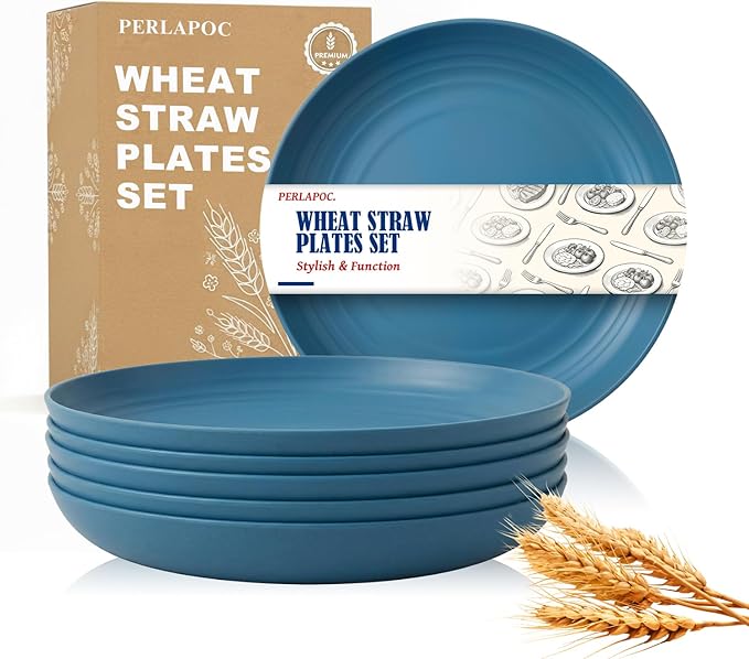 Wheat Straw Salad Plates 8 Inch Set of 6, Unbreakable & Lightweight Dinner Plates, Reusable BPA-Free Plates, Microwave and Dishwasher Safe for Kitchen, Camping, Party, Dark Blue