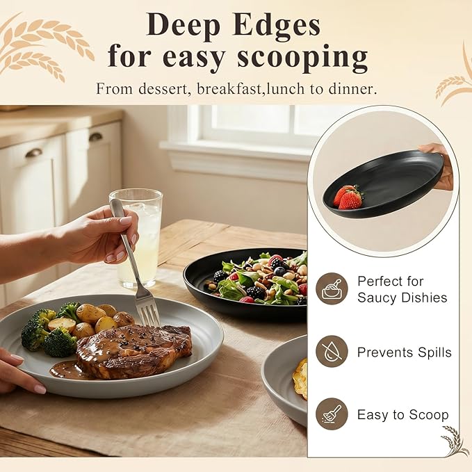 Kitchen Plates Set for 8, Unbreakable Wheat Straw Plates 10 Inch, Alternative to Plastic Plates Reusable, Microwavable Plates for Apartment, Dorm, RVs - BlackGrey