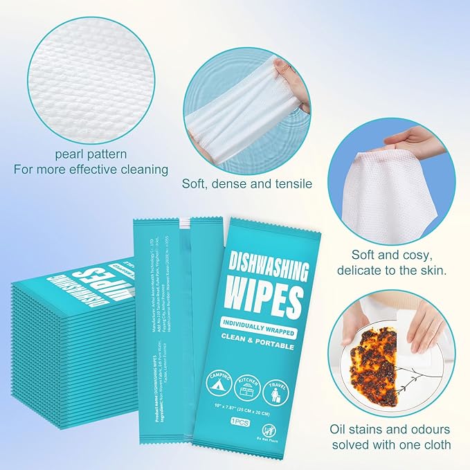 Dish Cleaning Wipes Individually Wrapped, Portable Kitchen Disposable Dish Soap Wipes Bulk Travel Size Quick Cleaning Dishes Dishwashing Pads Wipes for Outdoor Traveling/Camping/Hotel (100 Pcs)