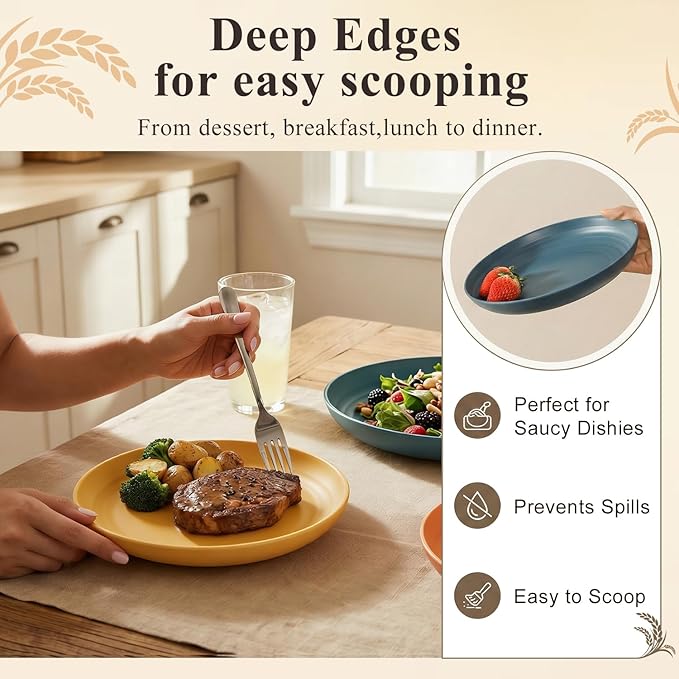 Wheat Straw Plate 8 Inch, Unbreakable Dinner Plates Sets for 8, Plastic Plates Reusable, Microwave and Dishwasher Safe Kitchen Plate for Cake, Dessert, Side Salad - Multi