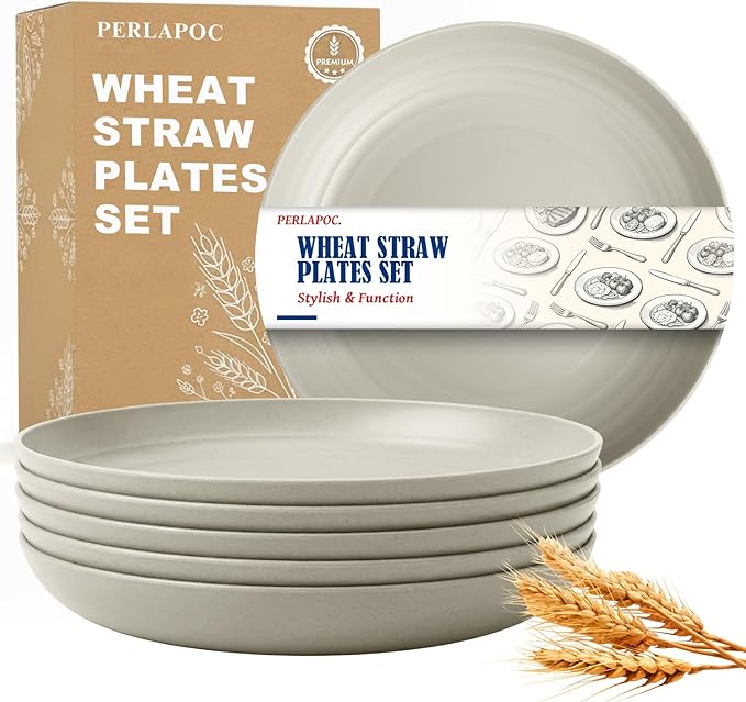 9 Inch Wheat Straw Plates 6 Piece Set, Unbreakable Deep Dish Plates, BPA-Free Reusable Plastic Plate for Kids, Microwave and Dishwasher Safe Plate Set for Family, Camping, LightGrey