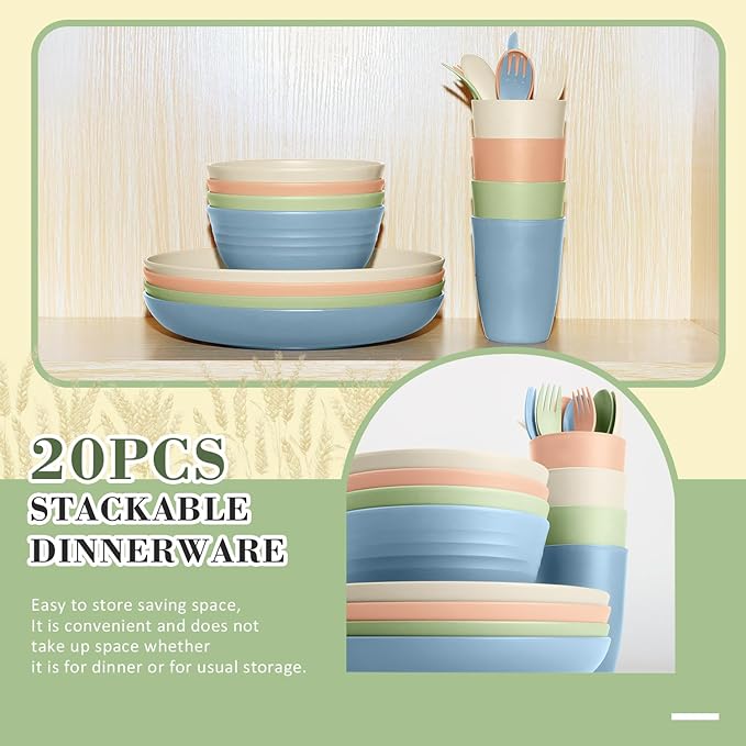 Wrova Wheat Straw Kids Plates and Bowls Sets,Unbreakable Kids Dinnerware sets with Flatwares,Lightweight Reusable Camping Plates and Bowls Sets.Nordic Series