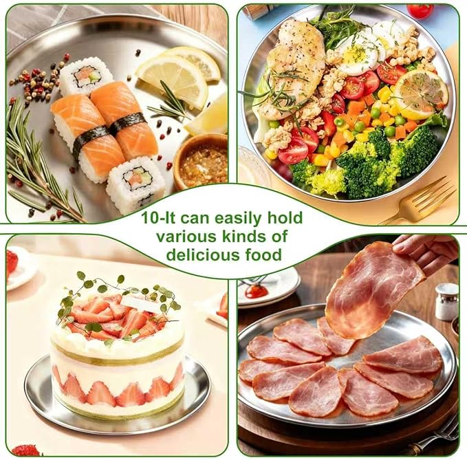 Stainless Steel Plates,2 PCS 10 inch Round Metal Food Serving Plates, Dinner Plates for Outdoor Camping Hiking, Party Serving, Feeding,Non Toxic & Reusable, Dishwasher Safe