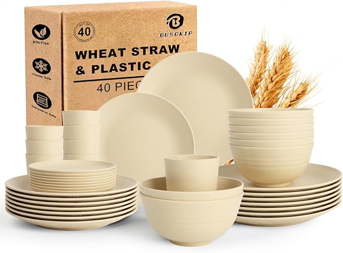 40 PCS Wheat Straw Dishes Sets | Reusable Dinnerware Set for 8 - Dinner Plates, Cereal Bowls, Drinking Glasses Unbreakable Plastic Plates and Bowls Sets Microwave Safe for Kitchen - Beige