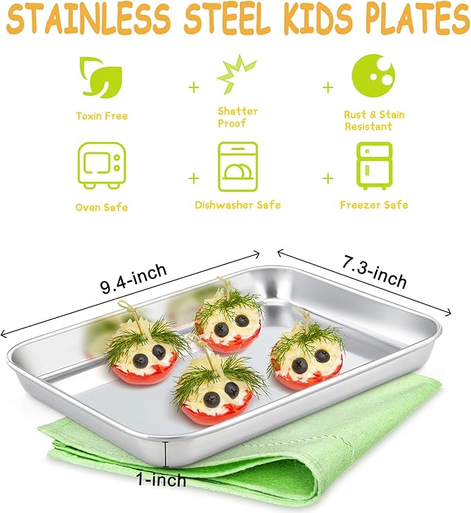 E-far Stainless Steel Kids Plates, 4 Pieces Small Metal Dinner Dish Set for Kids Toddler Child, 9.4” x 7.3” x 1”, Non-Toxic & Dishwasher Safe, Great for Self-Feeding/Picnic/Outdoor Camping