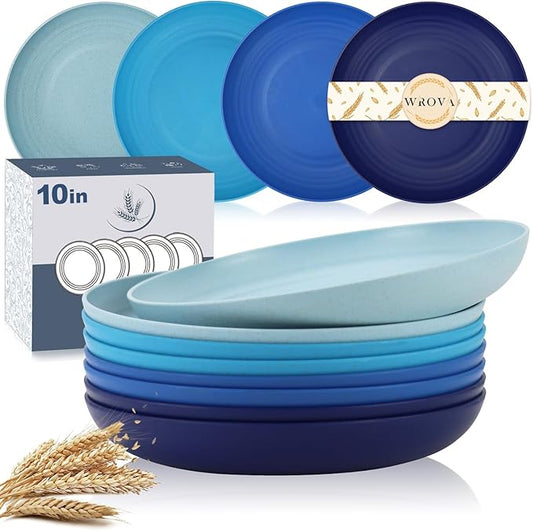 Wrova Wheat Straw Plates - 10 Inch Unbreakable Dinner Plates Set of 8 - Dishwasher & Microwave Safe Plastic Plates Reusable - Lightweight Plates for kitchen,camping (Ocean Series)