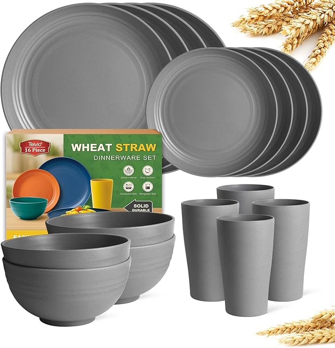 Teivio 16-Piece Kitchen Plastic Wheat Straw Dinnerware Set, Service for 4, Dinner Plates, Dessert Plate, Cereal Bowls, Cups, Unbreakable Plastic Outdoor Camping Dishes, Grey
