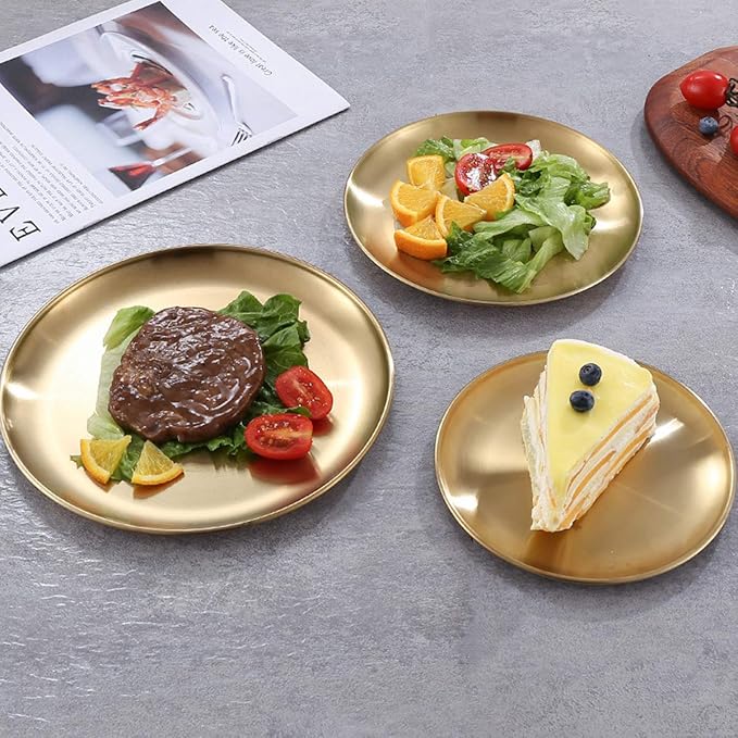 Stainless Steel Gold Plates 2 Set Round Dinner Dishes 9 Inch Metal Plates Great for Picnic,Outdoor Camping Plate,Shatterproof Dishwasher Safe