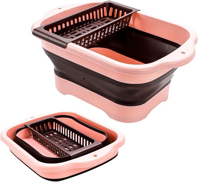 Collapsible Dish Basin with Drain Plug and Portable Sink, 11L(2.91 Gallon) Collapsible Bucket with Sink. Foldable Wash Basin for Station Campin/Camping/Rv/Kitchen (Pink)
