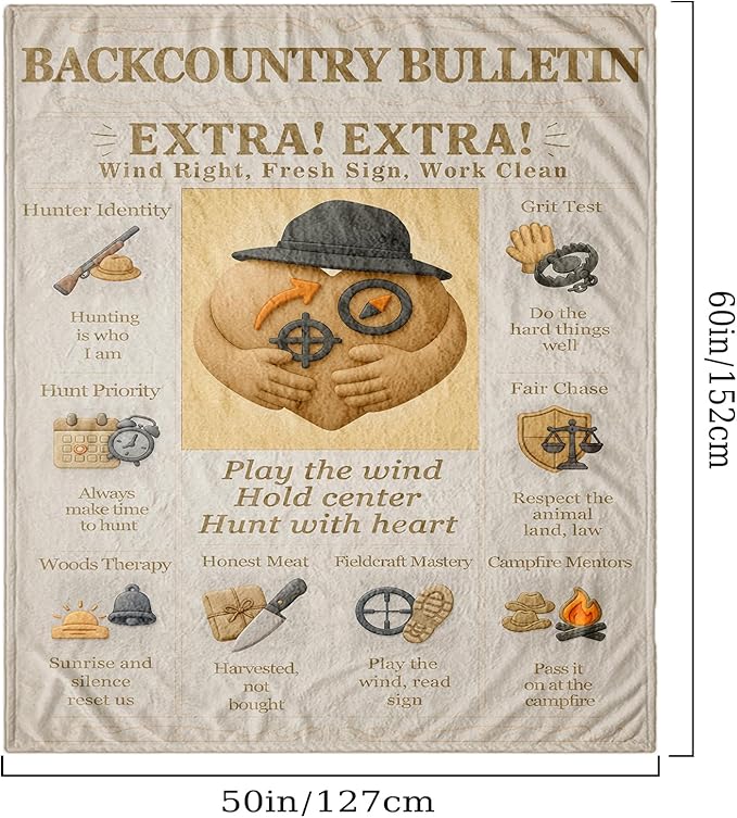 Hunting Quote Gifts Throw Blanket 60x50, Soft Flannel Fleece, Vintage Fieldcraft Bulletin Design, Rustic Lodge & Man Cave Decor, Outdoorsman Gift for Men and Dad