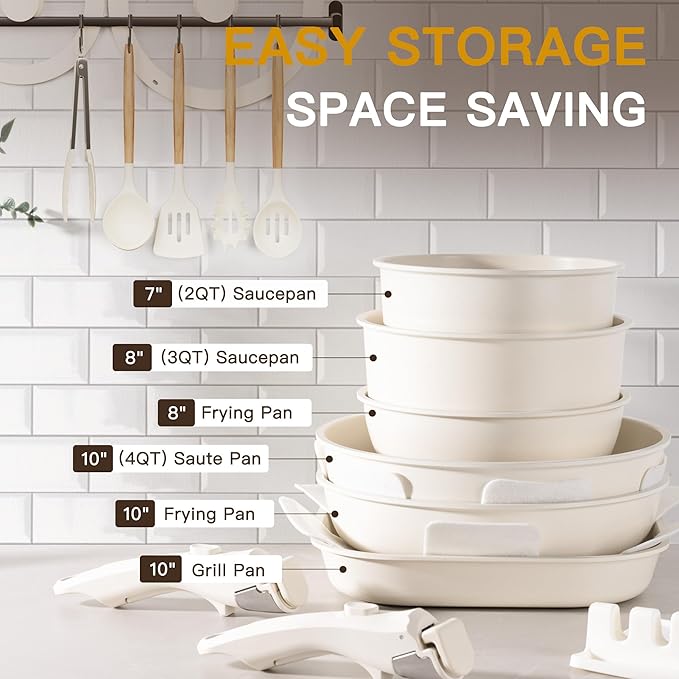 Astercook 23 Pcs Pots and Pans Set Non Stick, Ceramic Cookware Set Detachable Handle, RV Kitchen Cooking Set Removable Handles, Oven Safe, Induction Ready, Stackable, Cream White, Mothers Day Gifts