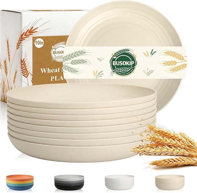 Dinner Plates Set for 8, Wheat Straw Plate 10 Inch, Unbreakable Serving Plates for Salad, Fruit, Microwave and Dishwasher Safe Round Plate for Restaurant, Camping, Kitchen - Beige