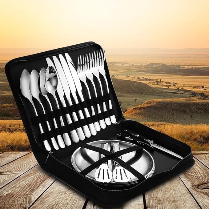Camping Silverware Silver Picnic Plates and Utensils Set for 4 Portable Tableware Stainless Steel Dinnerware 20 Pieces With Organizer Bag Reusable Durable