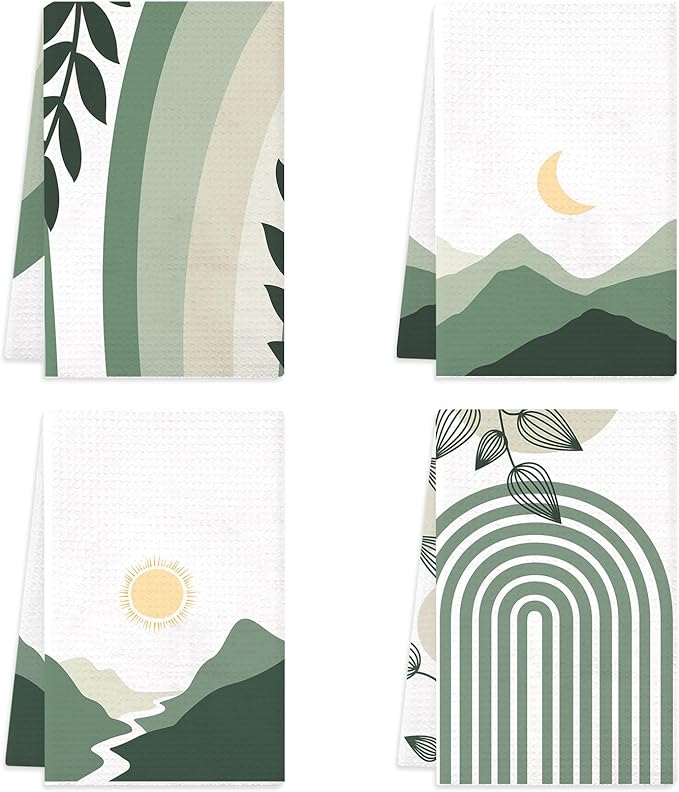 Boho Kitchen Towels Set of 4, Boho Bohemian Sun Moon Kitchen Towels Decorative Set, Bohemian Green Hand Tea Towels for Bathroom Decor, 16x24inch