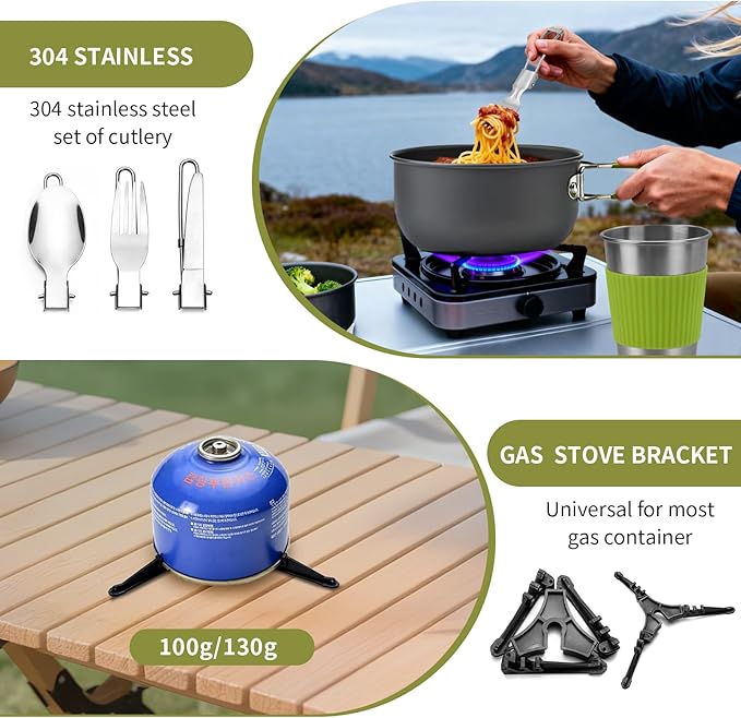 aiGear 8pcs Camping Cookware Mess Kit, Camping Pot and Pan Set with Mini Backpacking Stove, Stainless Steel Cup, Spork and Tank Bracket, Cooking Gear for Hiking Camping Outdoor Picnic