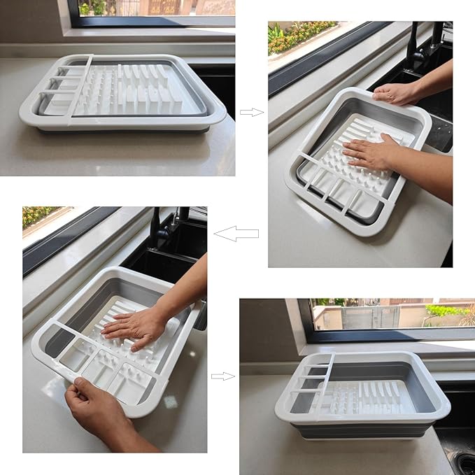 Collapsible Dish Drying Rack, Foldable Dinnerware Drainer Organizer for Storage Kitchen Counter RV Accessories Portable Rack Holders for Dishes Plates and Cups Camping Travelling Space Saver Essential