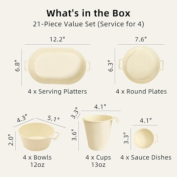 Dinnerware Set for 4, 21-Piece Reusable Plates and Bowls Set with Mesh Bag, Cups, Sauce Dishes and Serving Platters, Lightweight Outdoor Dish Set for Picnic, RV, Patio, BBQ, Cream White
