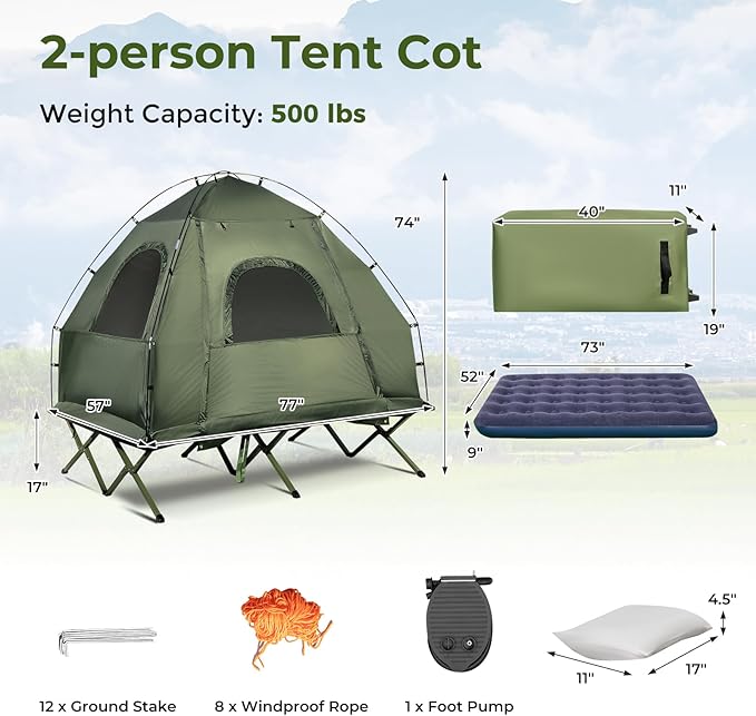 GYMAX Tent Cot, 5-in-1 Folding Camping Cot with Mattress & Pillows, Sleeping Bags, Sunshade, Camping Tent Elevated with Carrying Bag for Outdoor Hiking, Fishing, Picnic