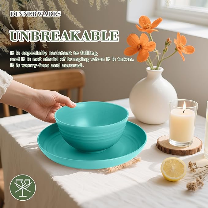 Wrova Wheat Straw Dinnerware Sets of 20,Dishwasher Safe Kitchen Plates and Bowls Sets,Camping Dishes Sets Contains Dinner Plates,Cereal Bowls,Drinking Cups and Flatware.(Green)
