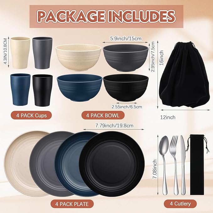 Teenyyou 4 Sets Camping Mess Kits for 4 Person Camping Silverware Set Include Cup, Bowl, Plate, Knife, Spoon, Fork Cutlery Set Unbreakable Wheat Straw Dinnerware Utensils for Travel