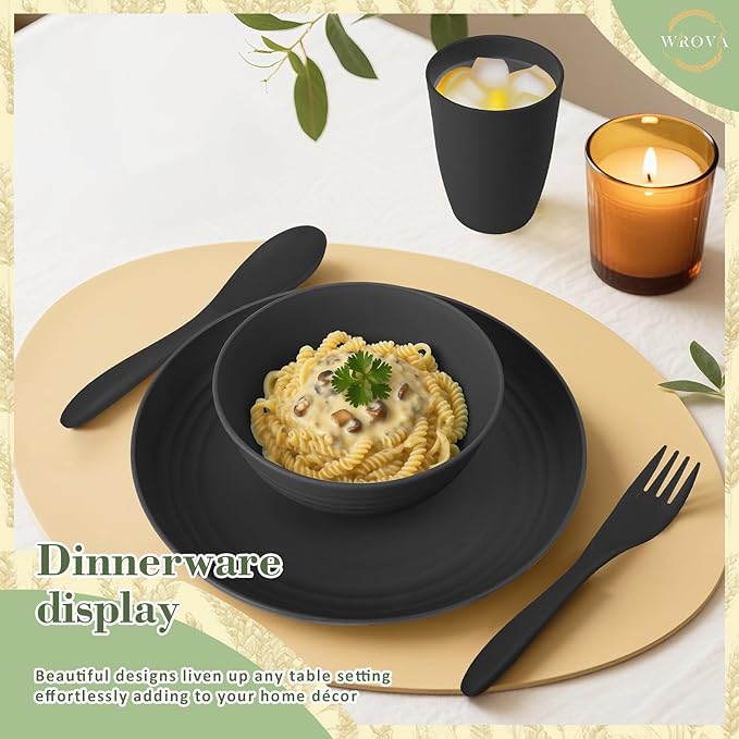 Wrova Wheat Straw Dinnerware Sets of 20,Alternative to Melamine dinnerware sets with Flatwares Dishwasher Safe,Lightweight and Unbreakable Camping Dishes for R.V.(Black)