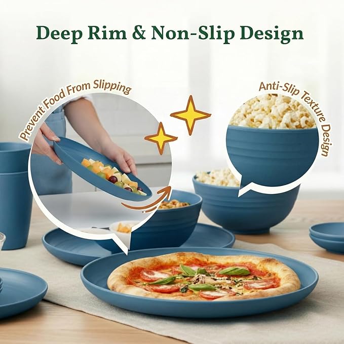 Homienly Wheat Straw Dinnerware Sets for 8, 40 Pcs Unbreakable Plates and Bowls Sets, Microwave Dishwasher Safe Dish Set, Reusable Plastic Dishes for Kitchen, Camping, Deep Plates for Salad (Blue)