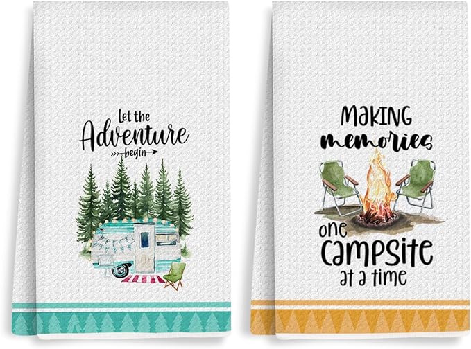 Camping Kitchen Towels Set of 2 Dish Towels Kitchen Hand Towels Kit Printed with Funny Sayings Novelty Gifts for Campers Pine Tree Farmhouse RV Decor Sign Home Decorations