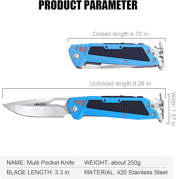 HANSHI 13 in 1 Multitool Knife with Nylon Sheath for Camping,Hiking,Survival,Outdoor Multi Tool Pocket Knife with Window Breaker,Birthday Christmas Valentine's Day Gift for Dad Mens Boyfriend(Blue)