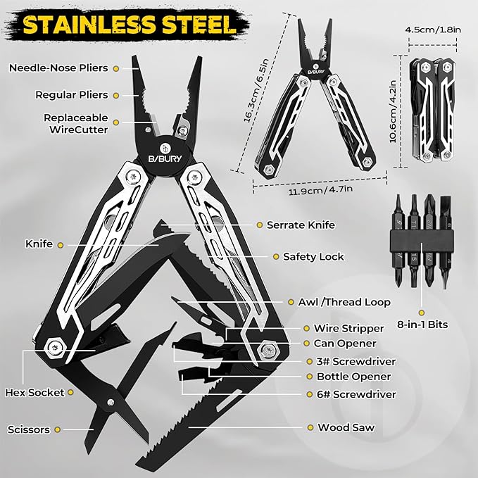 BIBURY Multitool, 21-in-1 Stainless Steel Pocket Knife with Scissors, Self-locking Multi Tool Pliers with Sheath for Outdoor, Survival, Camping, Home Repair, Gadgets for men Gifts for Men