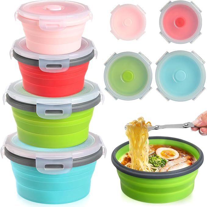 Suclain 4 Pcs Collapsible Bowls with Lids Silicone Camping Food Storage Container Expandable Folding Salad Lunch Box Travel Container for Hiking Camping