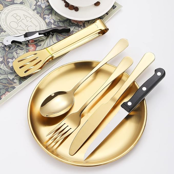 Picnic Dishes Utensils Gold Camping Flatware Set for 4 Portable Dinnerware Plates Silverware Forks Spoons knives Bottle Opener Food Tongs Complete Kit with Zipper Bag