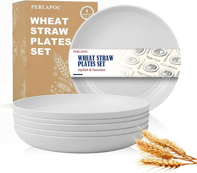 Wheat Straw Dinner Plates 8 Inch Set of 6, Unbreakable Reusable Plastic Plates, Microwave and Dishwasher Safe Small Deep Plates for Appetizer, Kids, Breakfast, Camping, White